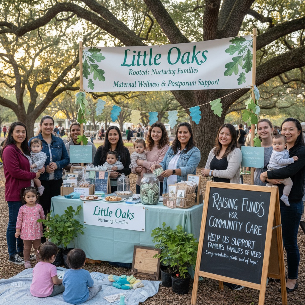 A group of women and children gather around a Little Oaks maternal wellness booth at an outdoor market with a sign promoting fundraising for community care.